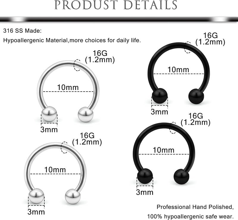Hoeudjo 16g Lip Rings Stainless Steel Snake Bite Piercing Jewelry Labret Jewelry Medusa Piercing Jewelry Spiral Barbell Helix Tragus Earrings Hoop Horseshoe Septum Ring Cartilage Piercings - Image 2